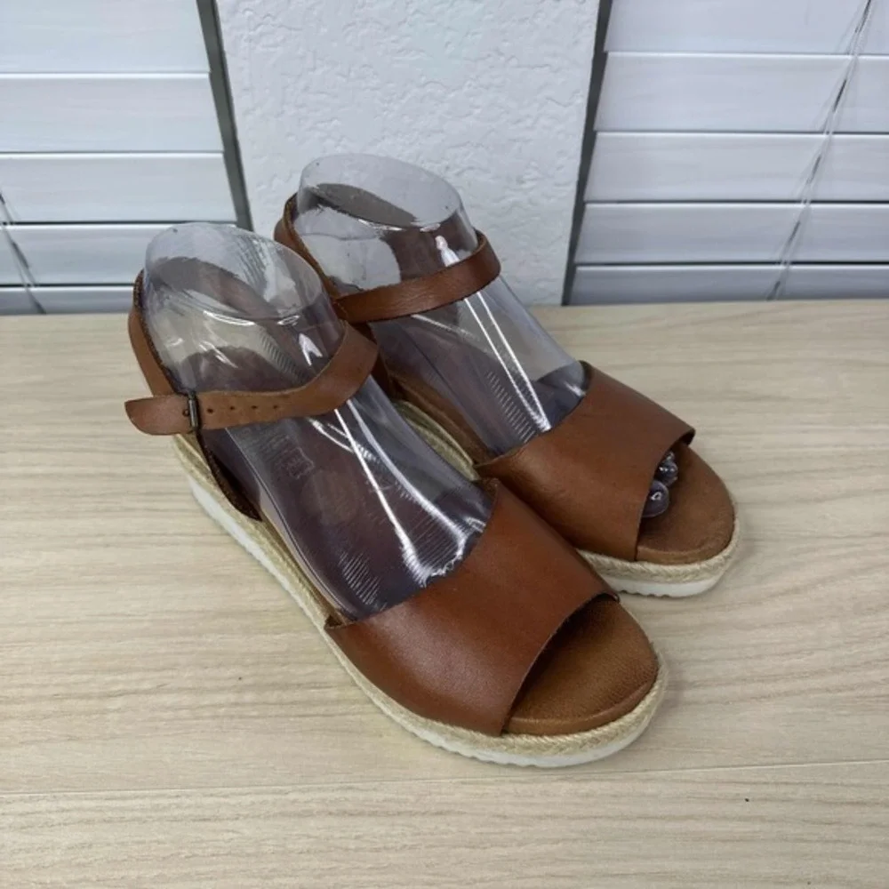 Bertuchi Shoes Womens EU 39 Brown Ankle Strap Espadrille Wedge Boho Sandals